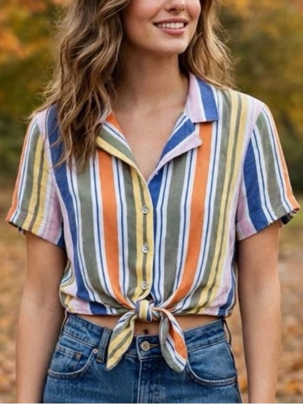 Forever 21 Women's Multi-Stripe Tie-Front Button Shirt